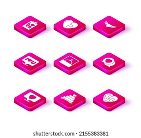 Set Like and heart, Wedding cake with, Speech bubble I love you, Diamond engagement ring, Heart, speech, wings and  icon. Vector