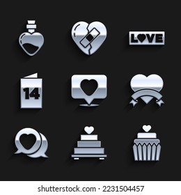 Set Like and Herz, Hochzeitskuchen mit, Herz, Sprechblase, Grußkarte, Liebestext und Flasche Liebestrank Symbol. Vektorgrafik