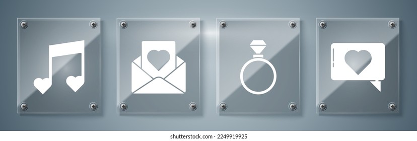 Set Like and heart, Wedding rings, Envelope with heart and Music note, tone with hearts. Square glass panels. Vector