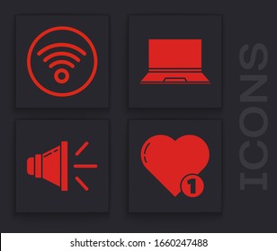 Set Like and heart, Wi-Fi wireless internet network, Laptop and Speaker volume icon. Vector