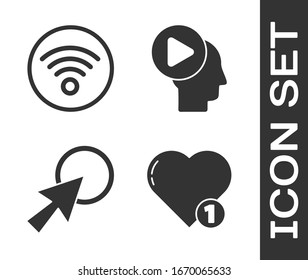 Set Like and heart, Wi-Fi wireless internet network, Arrow cursor and Head people with play button icon. Vector