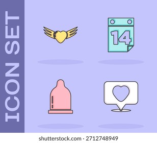 Conjunto como y corazón, corazón con alas, condón y calendario icono del 14 de febrero. Vector