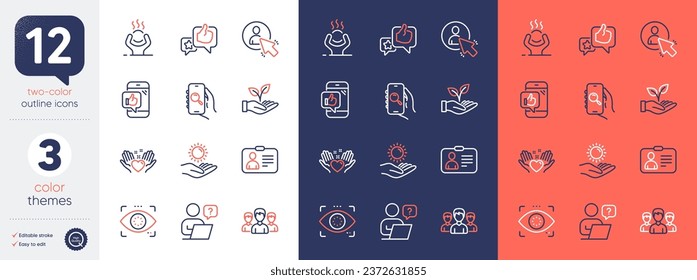 Set of Like, Helping hand and Hold heart line icons. Include Eye detect, Search app, Mobile like icons. Difficult stress, Sun protection, Id card web elements. Online question, Group, User. Vector