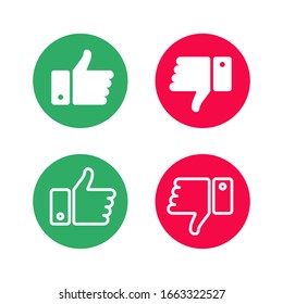 Set like icons on white background. Four objects. Red and green. Thumbs up and thumbs down. Vector illustration