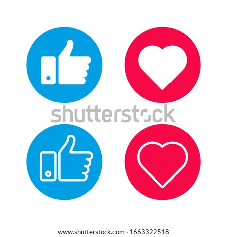 Set like icons on white background. Four objects. Red and blue. Thumbs up. Vector illustration