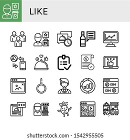 Set of like icons. Such as Review, Social media, Message, Marketing, Communication, Done, Approve, Social network, Pop up, Neutral, Testimonial, Rating, Happy, Market , like icons