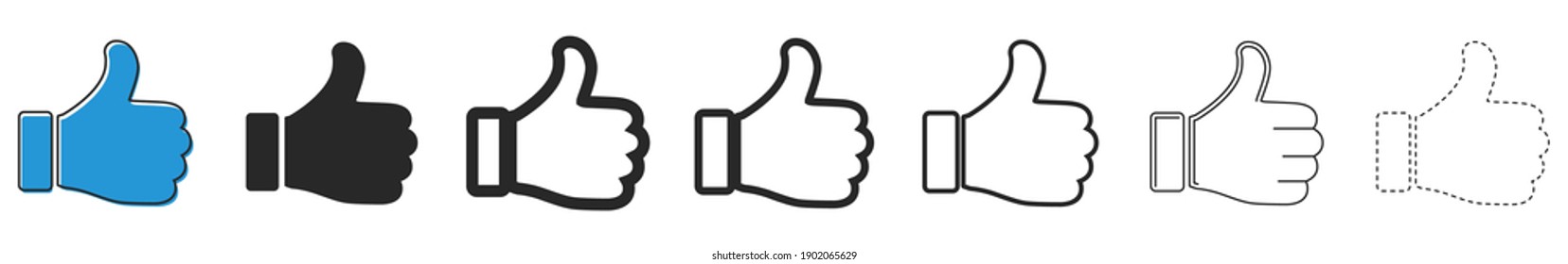 Set of Like icons. Up thumbs icon. Icons with different line thickness. Vector illustration.