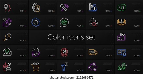 Set of Like, Laureate award and Spanner tool line icons. Include Pets care, Ab testing, Idea icons. Agent, Budget, Free delivery web elements. Card, Shopping rating, Insurance medal. Vector