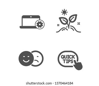 Set of Like, Notebook service and Grow plant icons. Quick tips sign. Social media dislike, Computer repair, Leaves. Helpful tricks.  Classic design like icon. Flat design. Vector