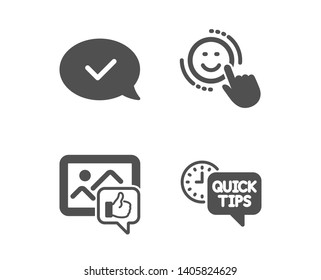 Set of Like photo, Approved message and Smile icons. Quick tips sign. Thumbs up, Accepted chat, Positive feedback. Helpful tricks.  Classic design like photo icon. Flat design. Vector