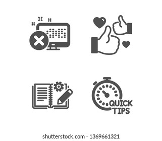Set of Like, Reject access and Engineering documentation icons. Quick tips sign. Thumbs up, Delete device, Manual. Helpful tricks.  Classic design like icon. Flat design. Vector