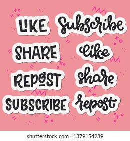 Set of Like Share Repost Subscribe hand lettering stickers. Typographic and calligraphic inscriptions for social media and blog posts. Handwritten web sayings on coral background with doodles.