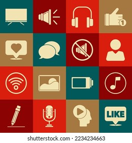 Establecer como en burbuja de voz, nota musical, tono, Añadir amigo, audífonos, chat de voz y corazón, Smart Tv y altavoz silencian el icono. Vector