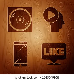 Set Like in speech bubble, Vinyl disk, Smartphone, mobile phone and Head people with play button on wooden background. Vector