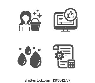 Set of Like video, Water drop and Cleaning icons. Settings blueprint sign. Thumbs up, Aqua, Maid service. Report document.  Classic design like video icon. Flat design. Vector