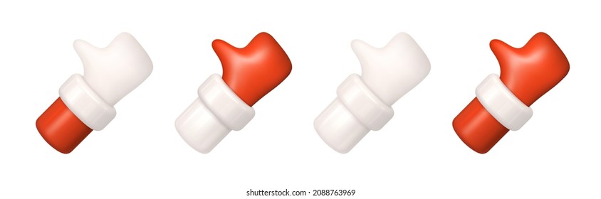 Set of Likes. Gestures. Santa Claus hand in a mitten shows a gesture - thumbs up. Variations with different colors of sleeves, cuffs and mittens. Realistic 3d design in cartoon style. Vector
