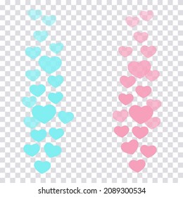 A set of likes in the live stream is a flying up icon heart. The likes user counter for online videos. Blue and pink hearts in fashionable pastel colors. Vector illustration for social media bloggers.