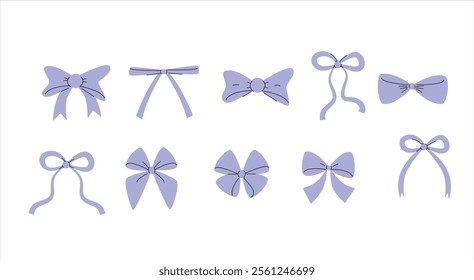 Set of Lilac Bow Illustrations. Collection of Cute Pink Ribbons and Bows. Romantic Elements for Birthday and Valentine's Day.	