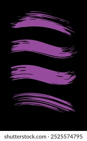 Conjunto de pinceladas lilas aisladas sobre un fondo negro. Fondo sin fisuras. Textura del pincel, tinta, patrón del pincel, material del trazo del pincel. Pintura de arte digital. Diseño plano de Vector.