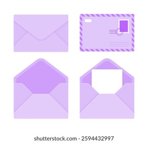 Set of lilac envelopes in different styles, including closed, open, and with a letter. Mail, correspondence, and stationery concept. Flat vector illustration isolated on white background