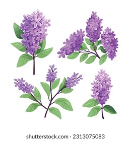 Set of lilac flowers in a charming flat design, pastel colors