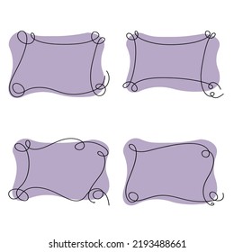 A set of lilac rectangular frames with rounded edges and curlicues, hand-drawn in one line, vector illustration