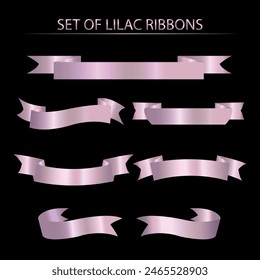 Set of lilac ribbons, premium design elements banners, discounts and gifts, for page decoration. Vector illustration on black background