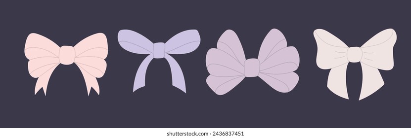 Set of lilac various bows made of wide and narrow ribbons. Girlish accessories, isolated elements.