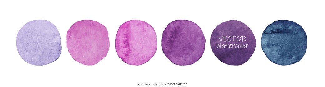 Set of lilac watercolor dots. Hand painted Spots on a white background. Round, circle. Isolated. Blobs of different color. Abstract artistic backgrounds. Watercolor palette with pastel colors. 