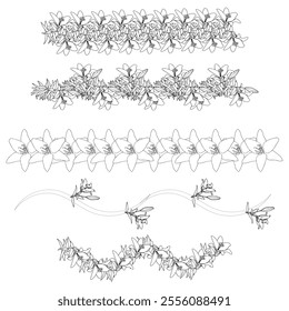 Set of lily borders in doodle style. Elements for your design. Vector illustration isolated on white background.
