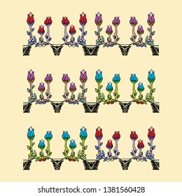 set of lily flower hand draw ornamental in various color isolated on bright color background. vector illustration