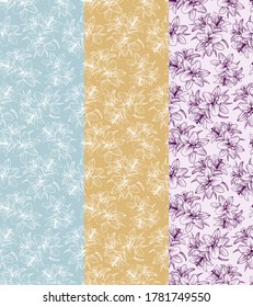 Set of lily seamless pattern. Seamless background with lilies hand-drawing. Floral seamless pattern. Seamless pattern for wallpaper, pattern fills, web page background, surface textures.