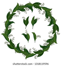 Set with lily-of-the-valley. Round frame and spring flower elements on white background