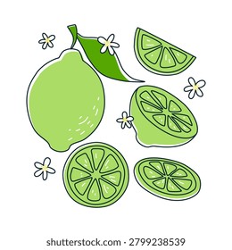 A set of lime green doodles on a white background