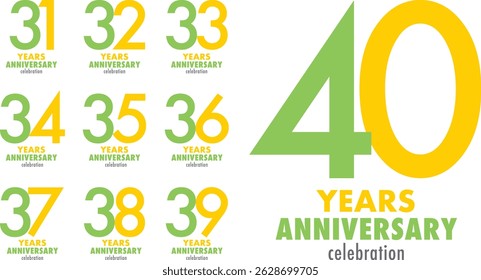 conjunto de verde-limão e amarelo cor número 31 32 33 34 35 36 37 38 39 e 40 com palavras anos aniversário celebração na parte inferior.