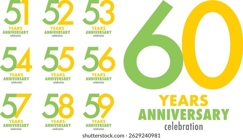 set of lime green and yellow color number 51 52 53 54 55 56 57 58 59 and 60 with words years anniversary celebration in the bottom.