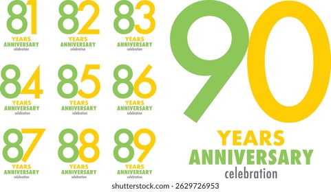set of lime green and yellow color number 81 82 83 84 85 86 87 88 89 and 90 with words years anniversary celebration in the bottom.