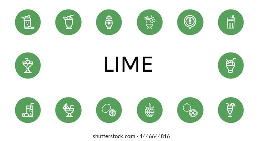 Set of lime icons such as Cocktail, Chicha de frutilla, Lemon, Raspberries, Orange , lime