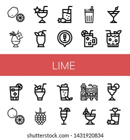 Set of lime icons such as Lemon, Cocktail, Chicha de frutilla, Cuba libre, Orange, Raspberries, Mimosa, Cosmopolitan , lime