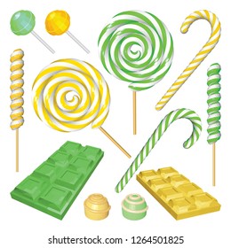 Set of Lime and Lemon Chocolates and Candies Isolated on White. Lollipops, Chocolates and Candy Canes in Green and Yellow. Vector Low Poly Realistic Illustration.