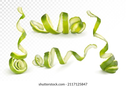 Set of lime peel spirals on a transparent background. Vector illustration.