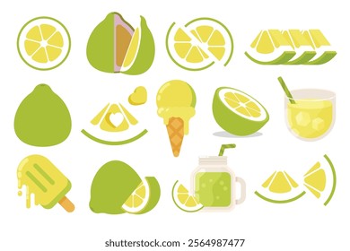 Set of lime Pomelo, Farm fresh Pomelo product emblem for grocery shop, collection of ice cream, Juice jar, glass of juice, ice cream cone and stick, simple flat vector illustration of fruits.