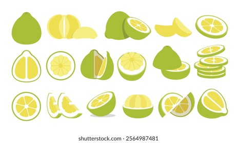 Set of lime Pomelo, Farm fresh Pomelo product emblem for grocery shop, Slides, long and cross sections, and different positions, simple flat vector illustration of vegetables and fruits.