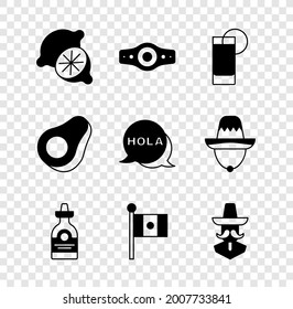 Set Lime, Wrestling championship belt, Tequila glass with lemon, bottle, Mexico flag, Mexican man sombrero, Avocado fruit and Hola icon. Vector