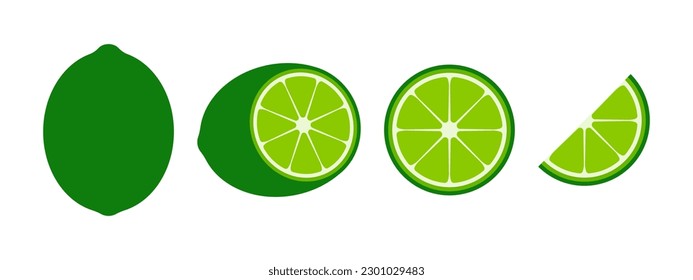 A set of limes, whole, half, and slices, fresh. Icon of a citrus fruit. Vector illustration