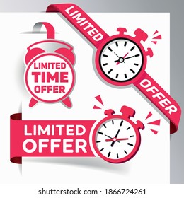 Set of limited offer labels with watches for promotion, banner, price. Limited offer banner ribbon with stopwatch. Countdown time stamp for sale, special offer. Alarm clock with limited duration.
