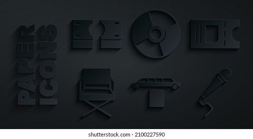 Set Limousine car and carpet, Cinema ticket, Director movie chair, Microphone, CD DVD disk and Stacks paper money cash icon. Vector