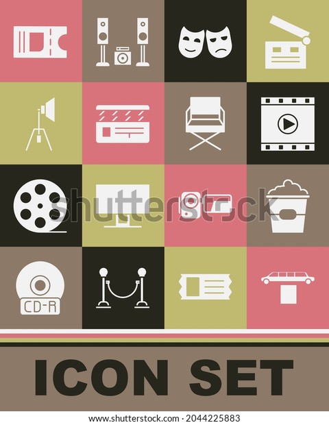 Set Limousine car and carpet, Popcorn\
box, Play Video, Comedy tragedy masks, Movie clapper, spotlight,\
Cinema ticket and Director movie chair icon.\
Vector