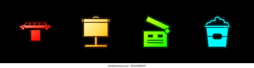 Set Limousine car and carpet, Projection screen, Movie clapper and Popcorn box icon. Vector