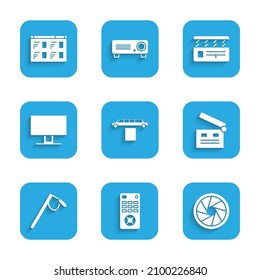 Set Limousine car and carpet, Remote control, Camera shutter, Movie clapper, Microphone, Smart Tv,  and Online play video icon. Vector